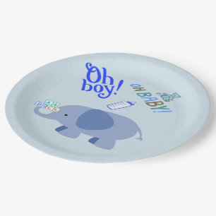 Oh Boy! Oh Baby! Blue Elephant Baby Shower Paper Plate