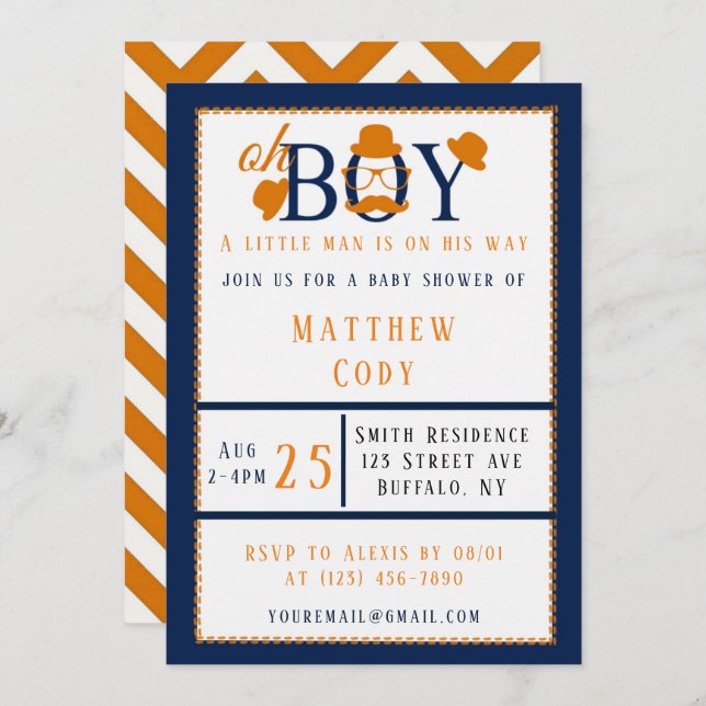Oh Boy Orange and Blue Baby Shower  Invitation (Front/Back)