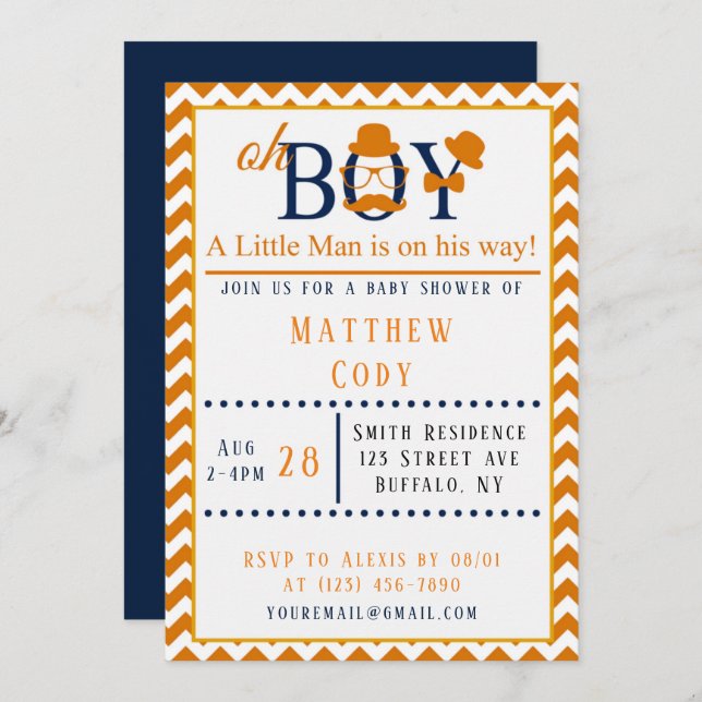 Oh Boy Orange and Blue Baby Shower  Invitation (Front/Back)