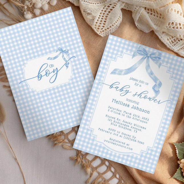 Oh Boy Pale Blue Gingham Plaid Baby Shower Invitation (Creator Uploaded)