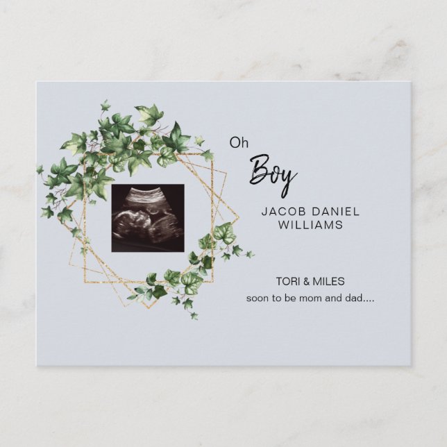 Oh Boy Pale Blue Ultrasound Photo  Announcement Po (Front)
