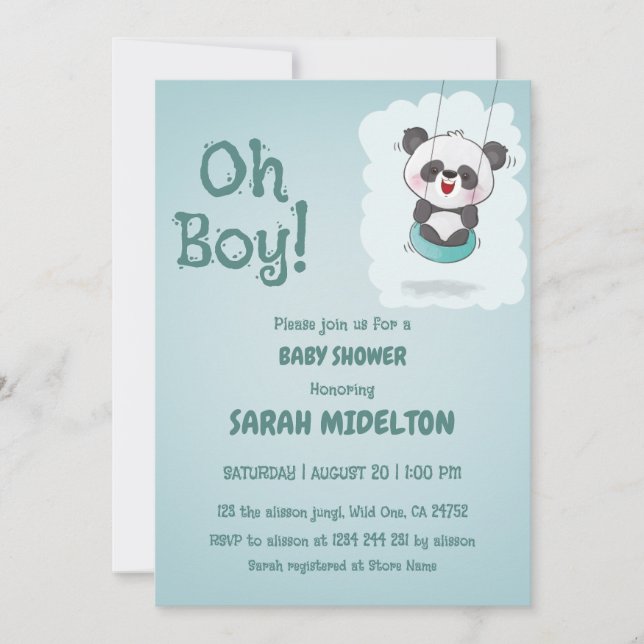 oh boy panda blue baby shower  invitation (Front)