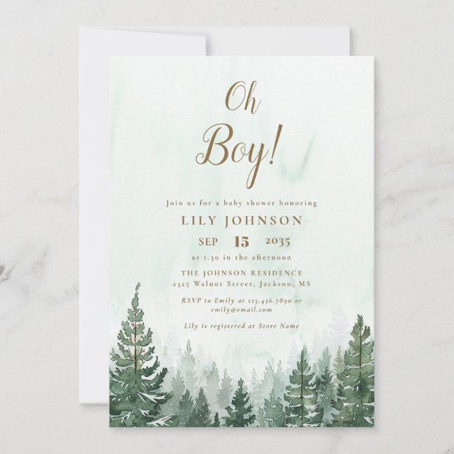 Oh Boy Pine Tree Forest Baby Shower Invitation (Front)