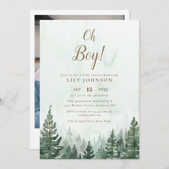 Oh Boy Pine Tree Forest Baby Shower Photo Invitation (Front/Back)