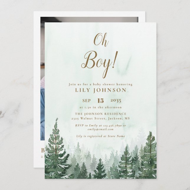 Oh Boy Pine Tree Forest Baby Shower Photo QR Code Invitation (Front/Back)