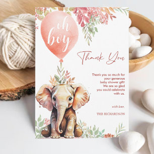 Oh boy Pink Balloon Floral Elephant Baby Shower Thank You Card