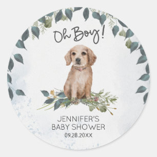 Oh Boy! Retriever Puppy Watercolor Dog Baby Shower Classic Round Sticker