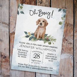 Oh Boy! Retriever Puppy Watercolor Dog Baby Shower Invitation