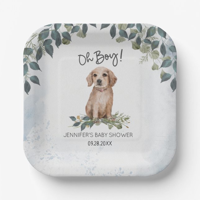 Oh Boy! Retriever Watercolor Dog Custom Paper Plate (Front)