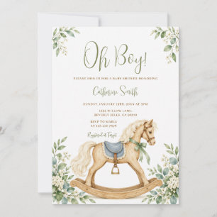 Oh Boy Rocking Horse Baby Shower Greenery Floral Invitation