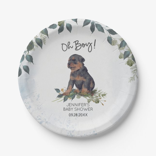 Oh Boy! Rottweiler Puppy Dog Custom Baby Shower Paper Plate (Front)