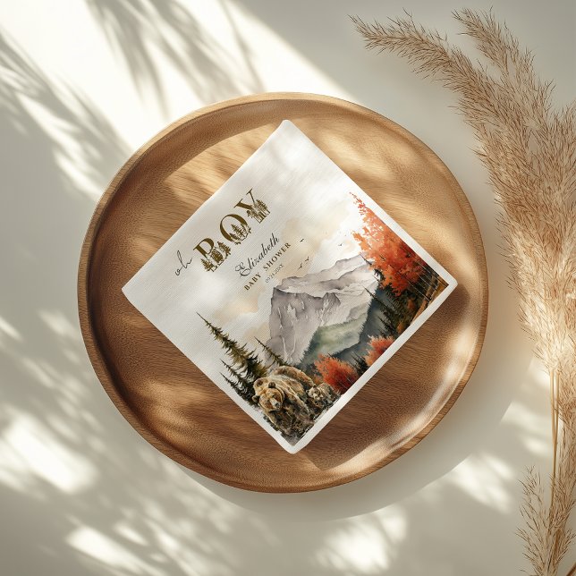 Oh Boy Rustic Autumn Woodland Bear  Baby Shower Napkin (Creator Uploaded)