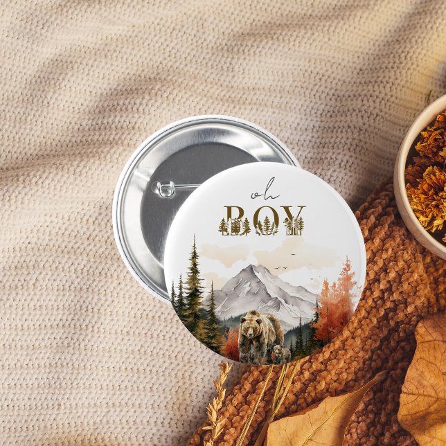 Oh Boy Rustic Woodland Mountain Bear Baby Shower 6 Cm Round Badge (Creator Uploaded)