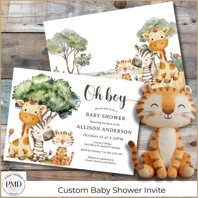 Oh Boy Safari Animal Baby Shower Invitation (Oh Boy Safari Animal Watercolor Baby Shower Invitation with Giraffe, Zebra, Tiger, for mom or couple)
