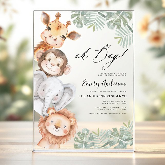 Oh Boy Safari Animal Boy's Baby Shower Acrylic Invitations (Creator Uploaded)