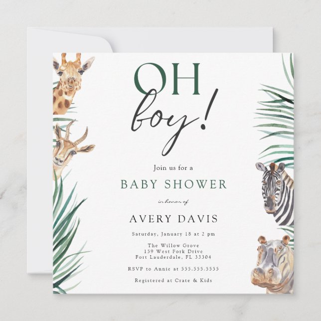 Oh Boy Safari Animals Baby Shower Square Invitation (Front)