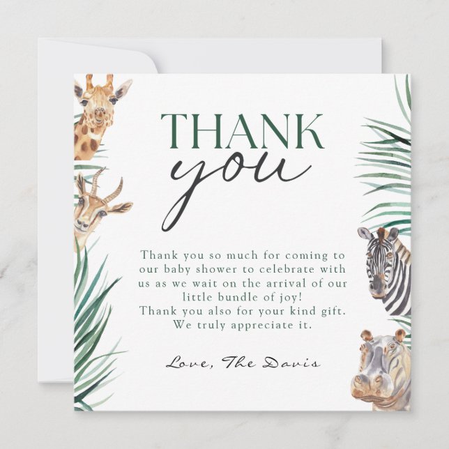 Oh Boy Safari Animals Baby Shower Thank You Card (Front)