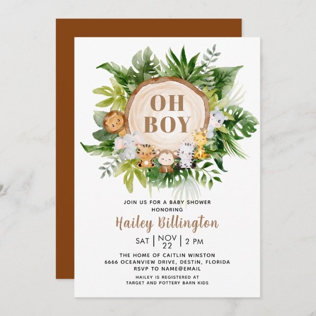 Oh Boy Safari Jungle Watercolor Baby Shower Invitation (Front/Back)
