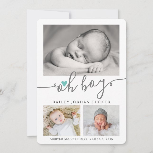 Oh Boy Script Light Teal Heart Collage Photo Birth Announcement (Front)