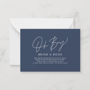 oh boy script navy blue baby shower bring a book card