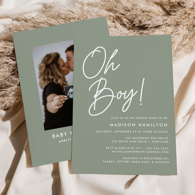 Oh Boy Script Sage Green Photo Baby Shower Invitation (Creator Uploaded)