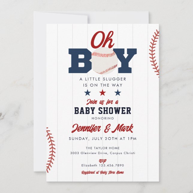 Oh Boy Slugger Baseball All In One Baby Shower Invitation (Front)