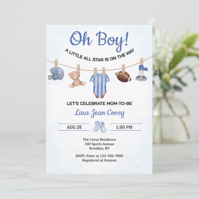 Oh Boy Sports Baby Shower Invitation (Standing Front)