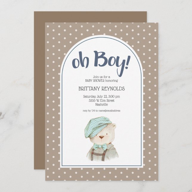 Oh Boy Tan Polka Dot Teddy Bear Baby Shower Invitation (Front/Back)