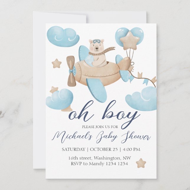 Oh Boy Teddy Bear Aeroplane Baby Shower Invitation (Front)