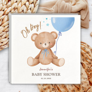 Oh Boy   Teddy Bear Blue Balloon Baby Shower  Napkin