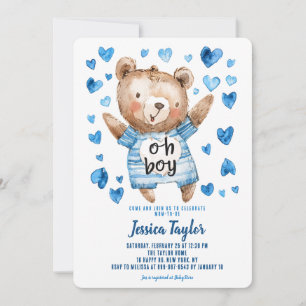 Oh Boy Teddy Bear Blue Hearts Boy Baby Shower Invitation