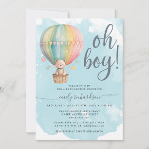 Oh Boy Teddy Bear Blue Hot Air Balloon Baby Shower Invitation