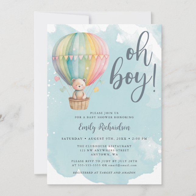 Oh Boy Teddy Bear Blue Hot Air Balloon Baby Shower Invitation (Front)