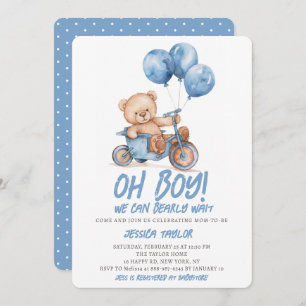 Oh Boy Teddy Bear Boy Blue Bearly Wait Baby Shower Invitation