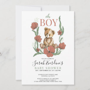 Oh Boy Teddy Bear Watercolor Baby Shower Invitation
