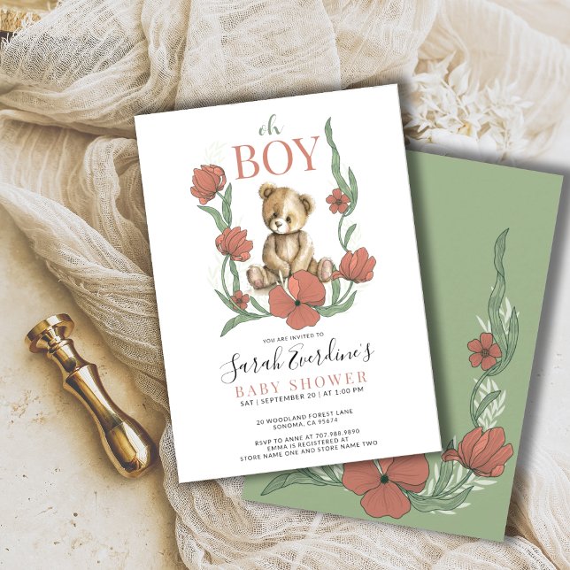 Oh Boy Teddy Bear Watercolor Baby Shower  Invitation (Creator Uploaded)