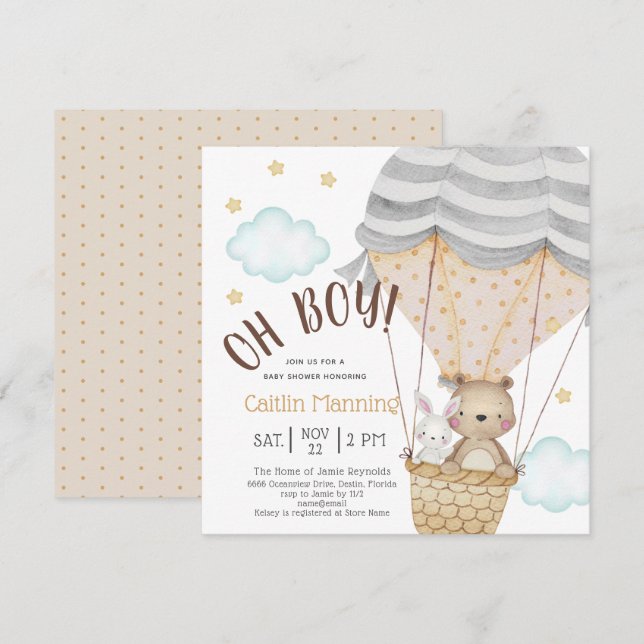 Oh Boy Teddy Bear Woodland Neutral Baby Shower  Invitation (Front/Back)