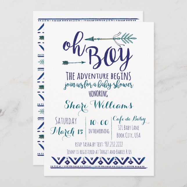 Oh Boy Tribal Baby Shower Invitation - TEAL CUSTOM (Front/Back)