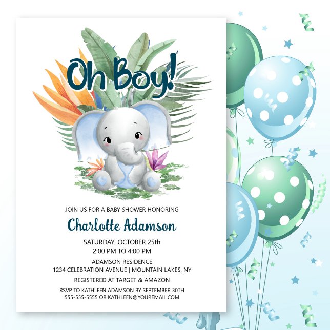 Oh Boy! Tropical Baby Elephant Baby Shower Invitation (Creator Uploaded)