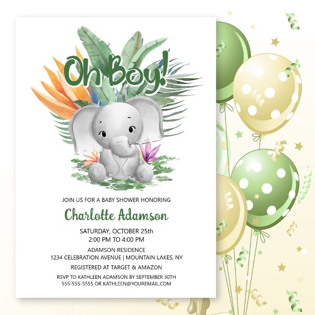 Oh Boy! Tropical Grey Baby Elephant Baby Shower Invitation (Creator Uploaded)