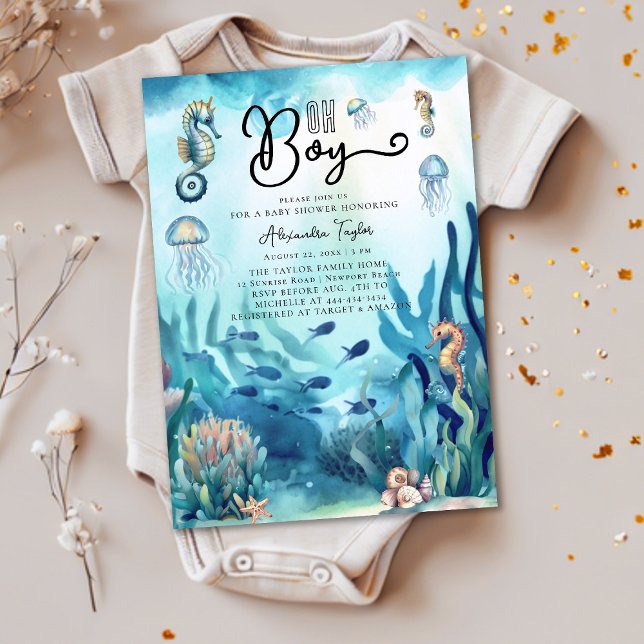 Oh Boy Under Sea Seahorse Cute Ocean Baby Shower Invitation (Creator Uploaded)