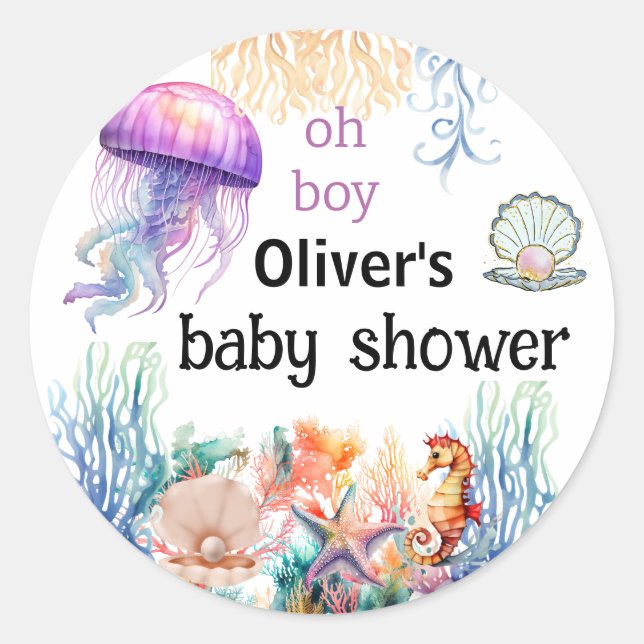 oh boy under the sea jellyfish baby shower classic round sticker (Front)