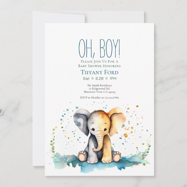 Oh Boy! Vertical Baby Elephant Safari Baby Shower Invitation (Front)