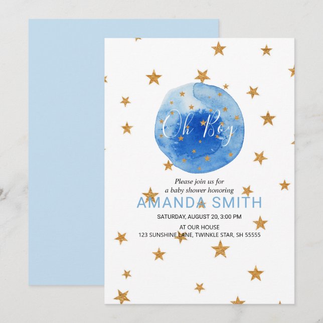 Oh Boy Watercolor Bloom and Yellow Stars  Invitation (Front/Back)