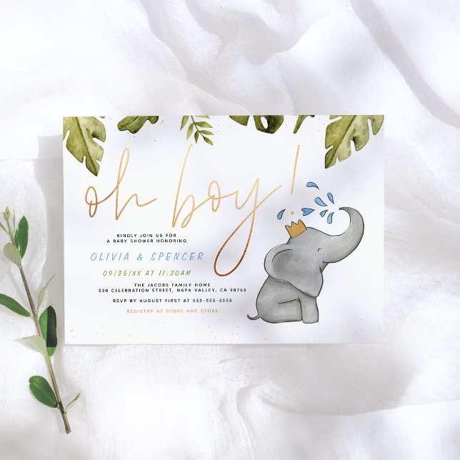 Oh Boy Watercolor Elephant Sprinkle Baby Shower Invitation (Creator Uploaded)