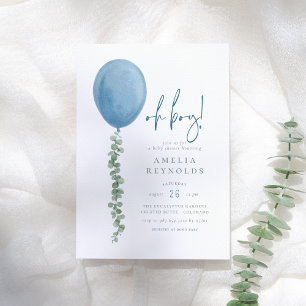 Oh Boy   Watercolor Eucalyptus Balloon Baby Shower Invitation