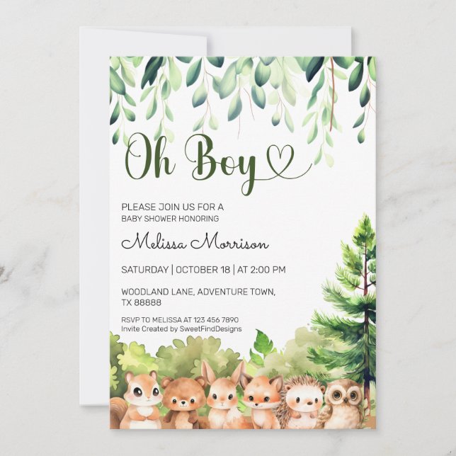 Oh Boy Watercolor Forest Baby Shower Invitation (Front)