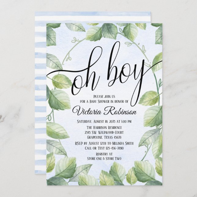 Oh Boy Watercolor Greenery Boy Baby Shower Invitation (Front/Back)