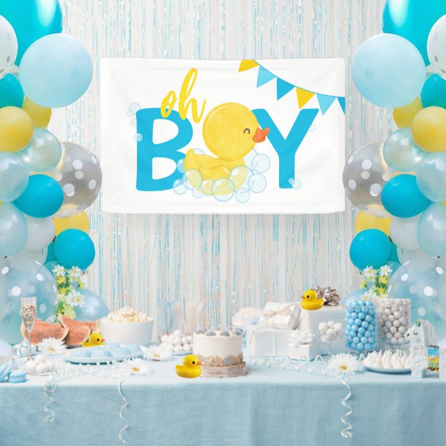Oh Boy Watercolor Rubber Duck Baby Shower Banner (Oh Boy Watercolor Rubber Ducky Baby Shower Hanging Vinyl Banner in White)