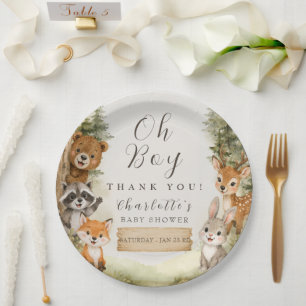 Oh Boy Watercolor Rustic Woodland Baby Shower Paper Plate